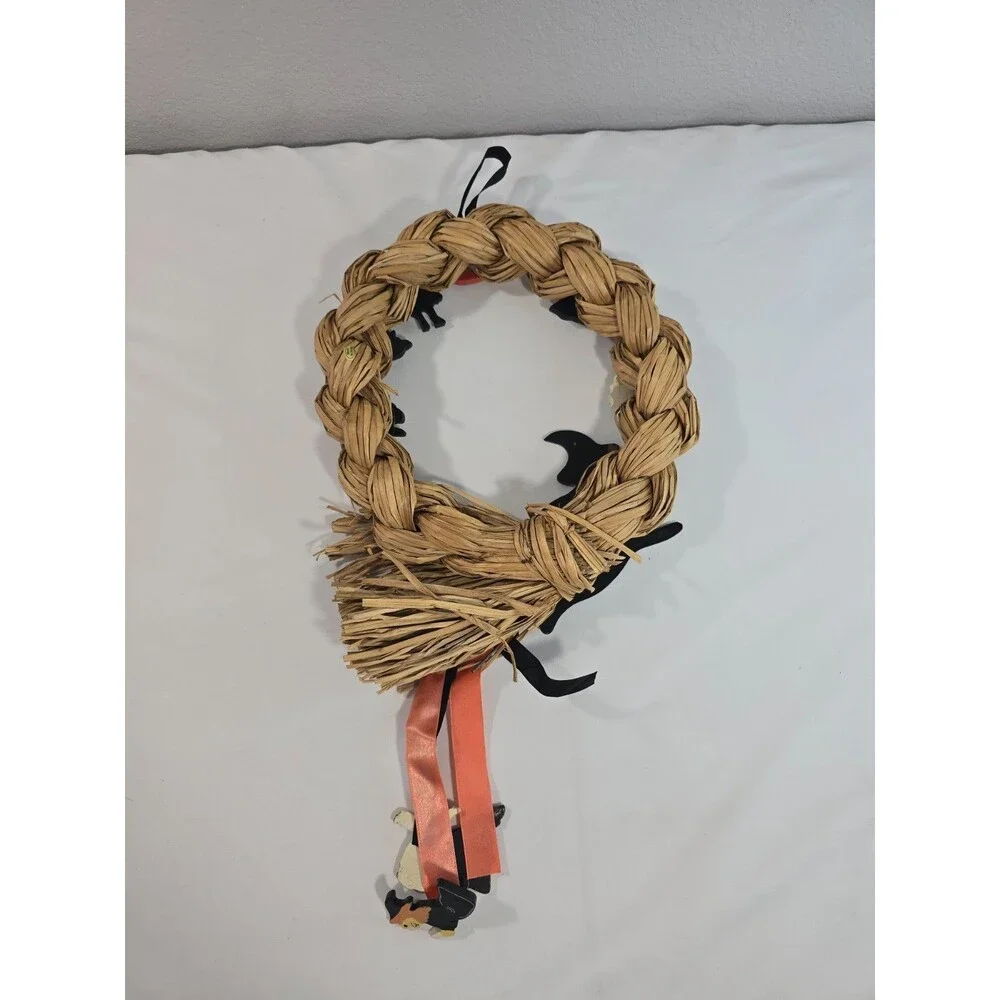 Vintage Rattan Halloween Wreath Witch By Lillian Vernon hand painted wooden